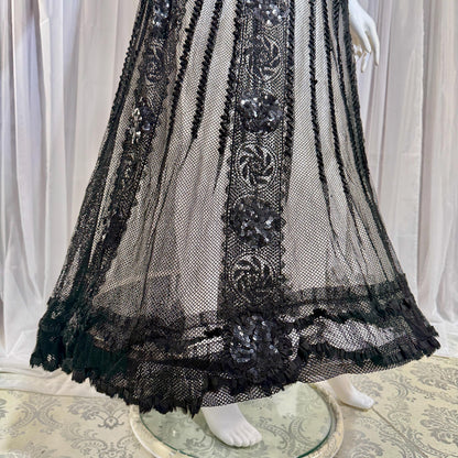 1800s Vintage Victorian mesh over skirt, Antique ornate sequin sheer maxi skirt