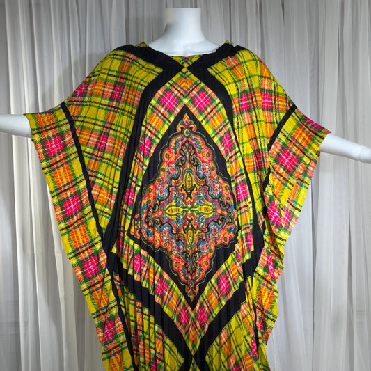 GEORGIE KEYLOUN Vintage 1960s Kaftan Dress, Op Art Accordion Pleated Nite Day Party Hostess Caftan