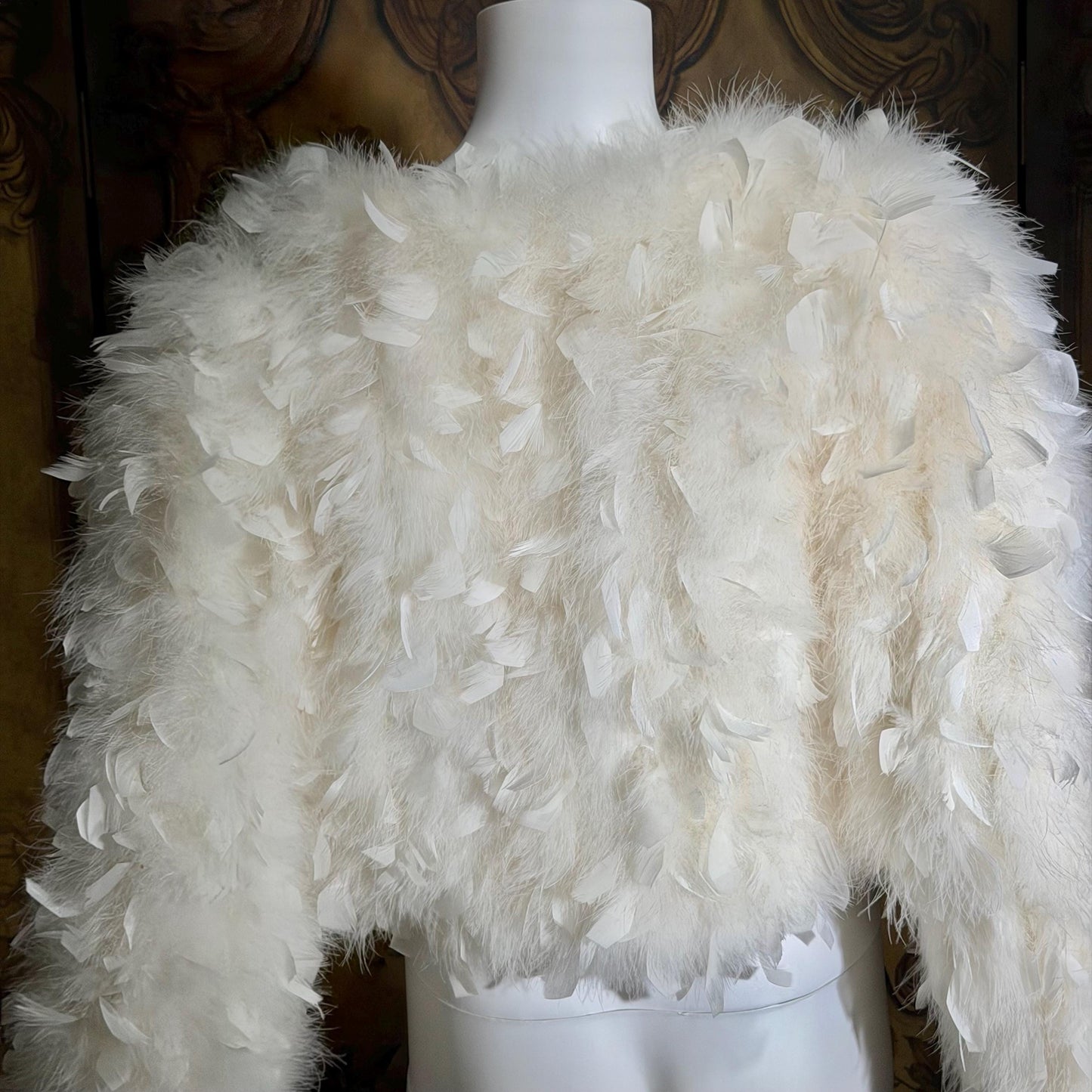 1970s Vintage Marabou & Feather Cropped Jacket, Snowy White Wedding Evening Topper