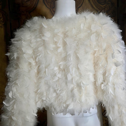 1970s Vintage Marabou & Feather Cropped Jacket, Snowy White Wedding Evening Topper