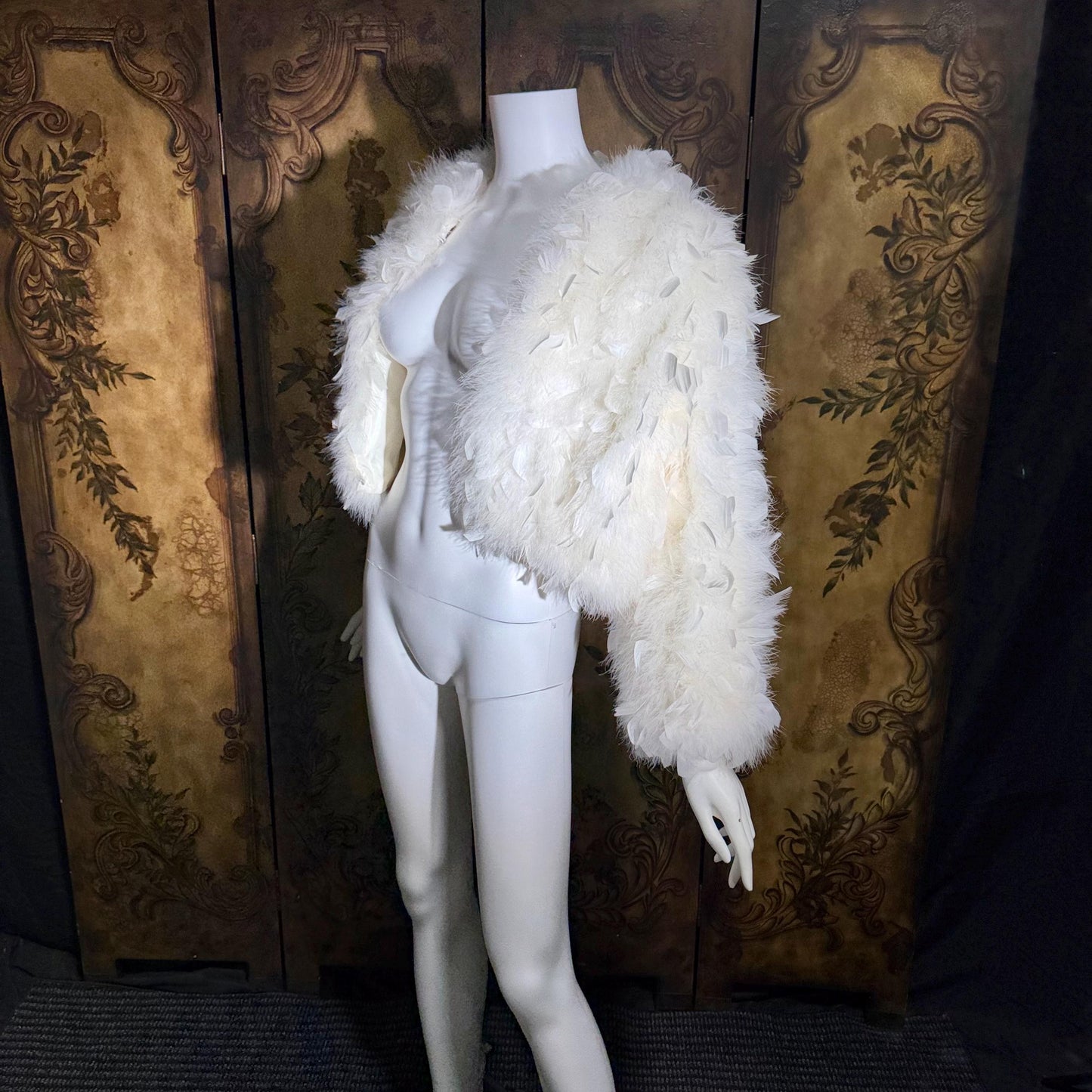 1970s Vintage Marabou & Feather Cropped Jacket, Snowy White Wedding Evening Topper