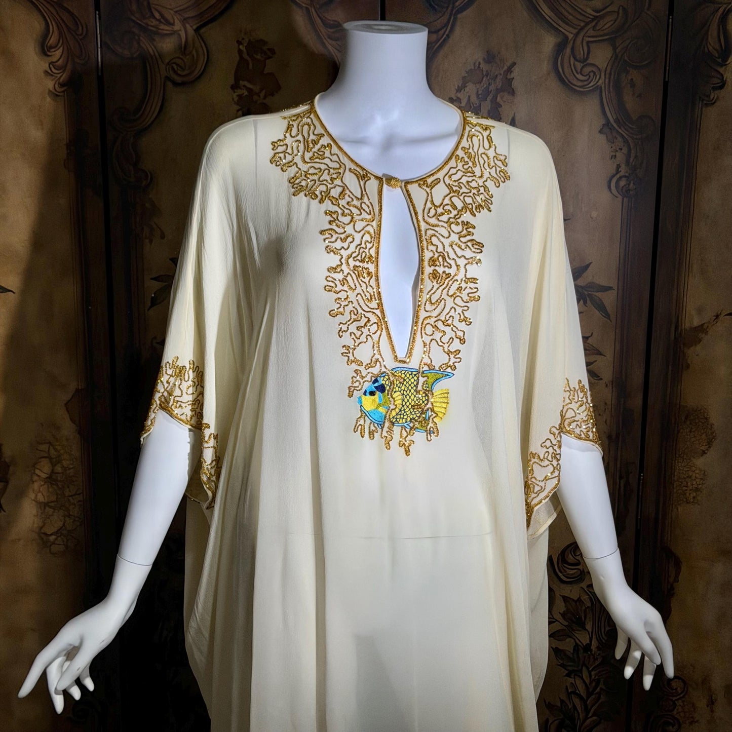 JEANNIE MCQUEENY vintage caftan evening dress, Y2K Silk Beaded Palm Beach Glam kaftan