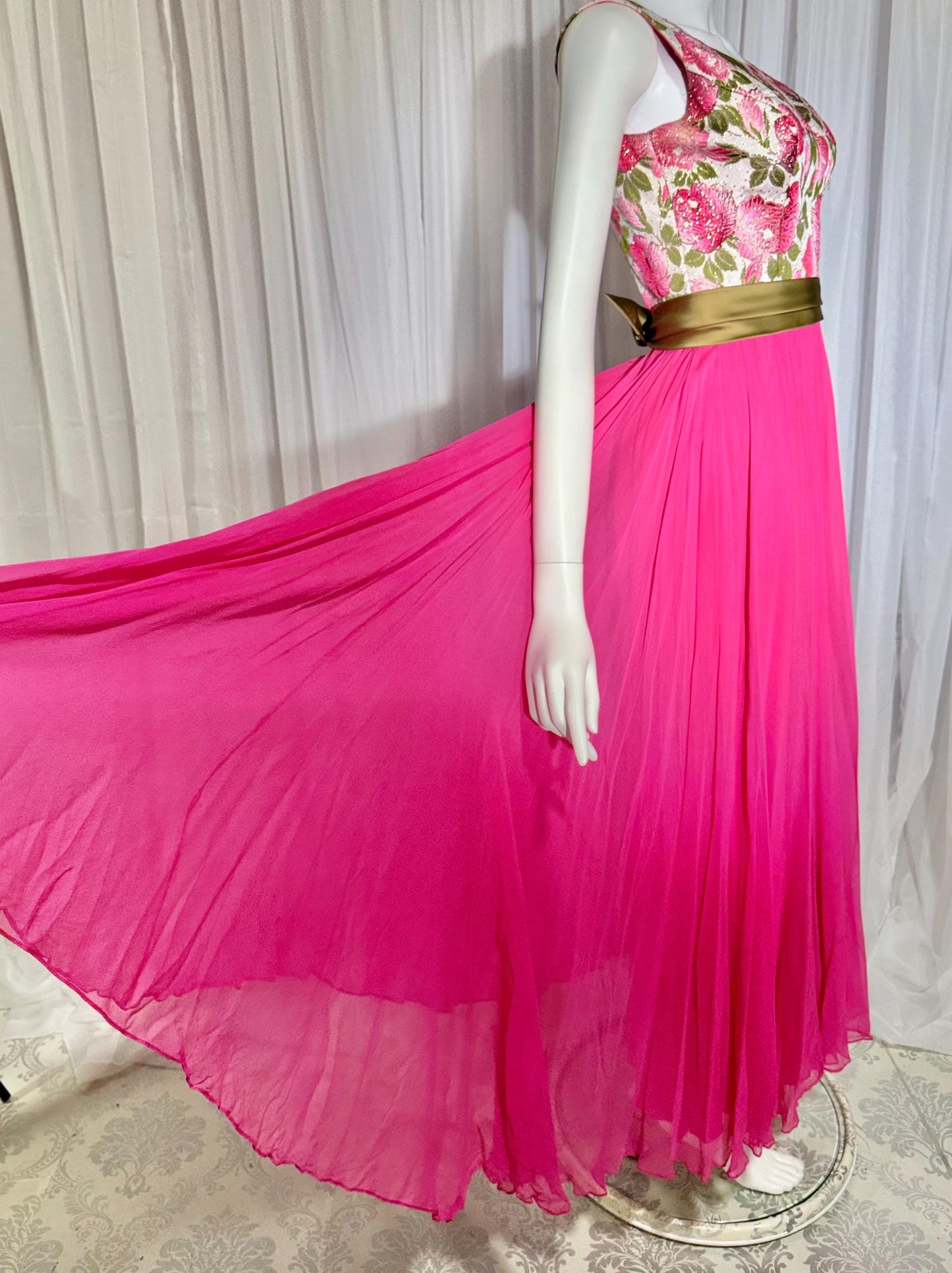 WILL STEINMAN vintage Evening dress, 1960s Pink Floral Chiffon and Brocade gown