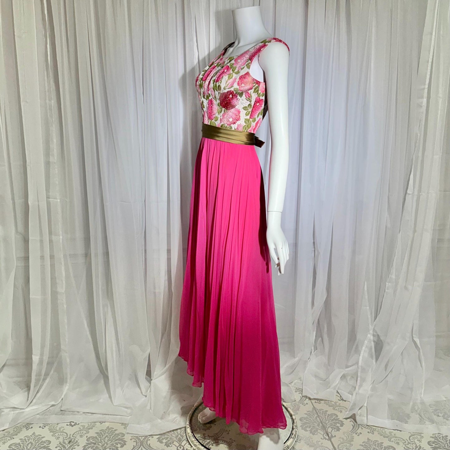 WILL STEINMAN vintage Evening dress, 1960s Pink Floral Chiffon and Brocade gown