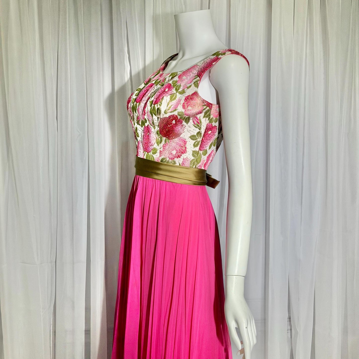 WILL STEINMAN vintage Evening dress, 1960s Pink Floral Chiffon and Brocade gown