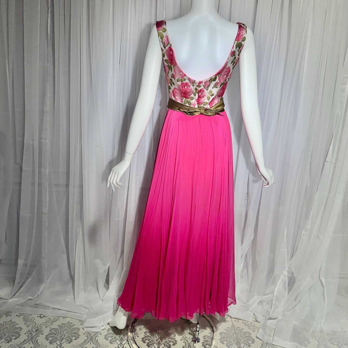 WILL STEINMAN vintage Evening dress, 1960s Pink Floral Chiffon and Brocade gown