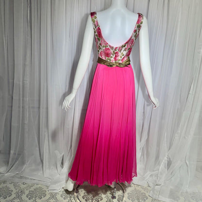 WILL STEINMAN vintage Evening dress, 1960s Pink Floral Chiffon and Brocade gown