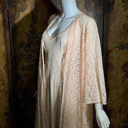 OLGA vintage nightgown Peignoir set, 1970s Peach Blush Lace slip dress robe set