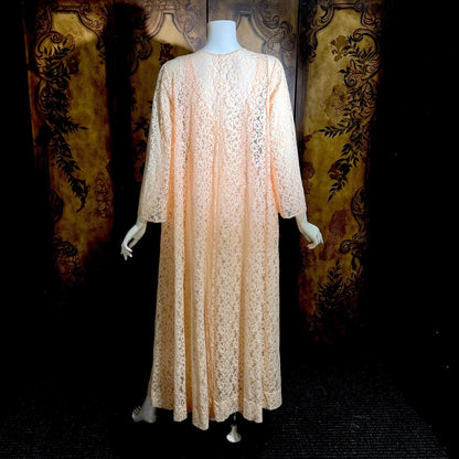 OLGA vintage nightgown Peignoir set, 1970s Peach Blush Lace slip dress robe set