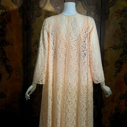 OLGA vintage nightgown Peignoir set, 1970s Peach Blush Lace slip dress robe set