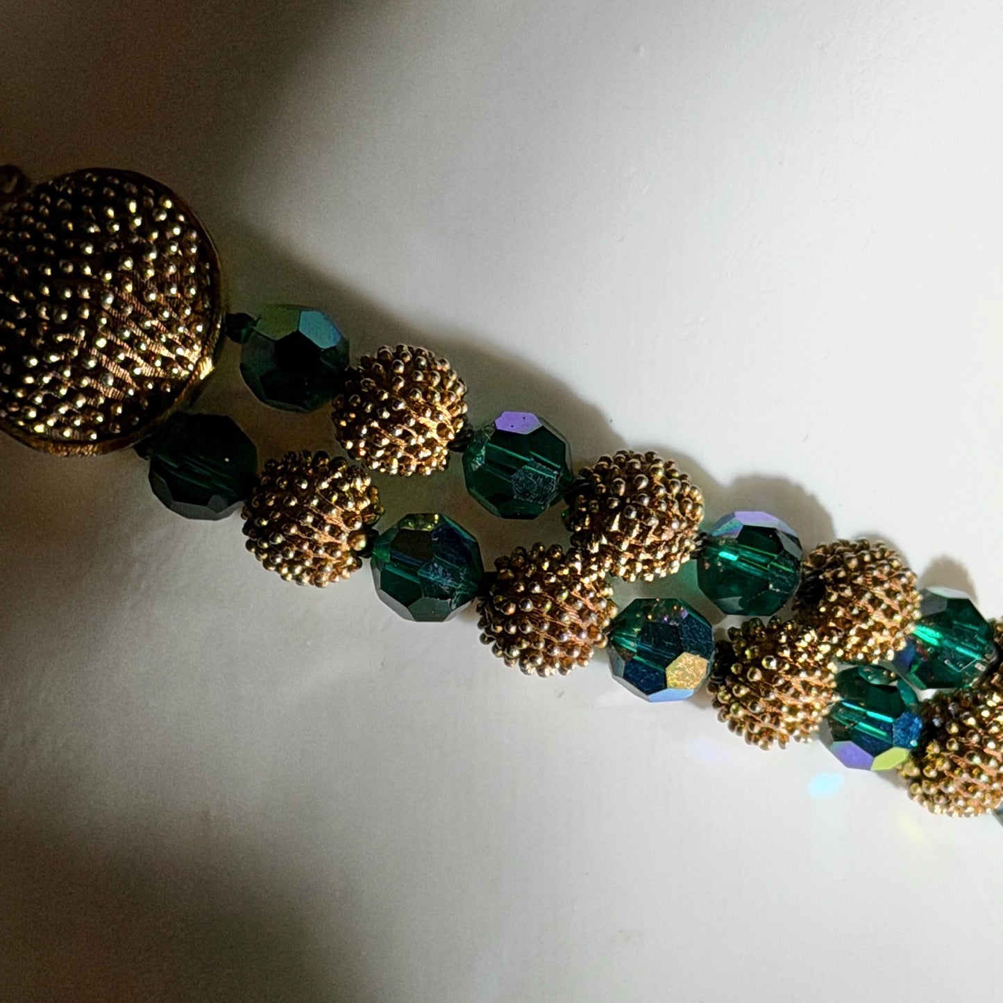 1950s vintage necklace, Faceted Iridescent Green Glass with Gold Metal Beads 2 Strand necklace