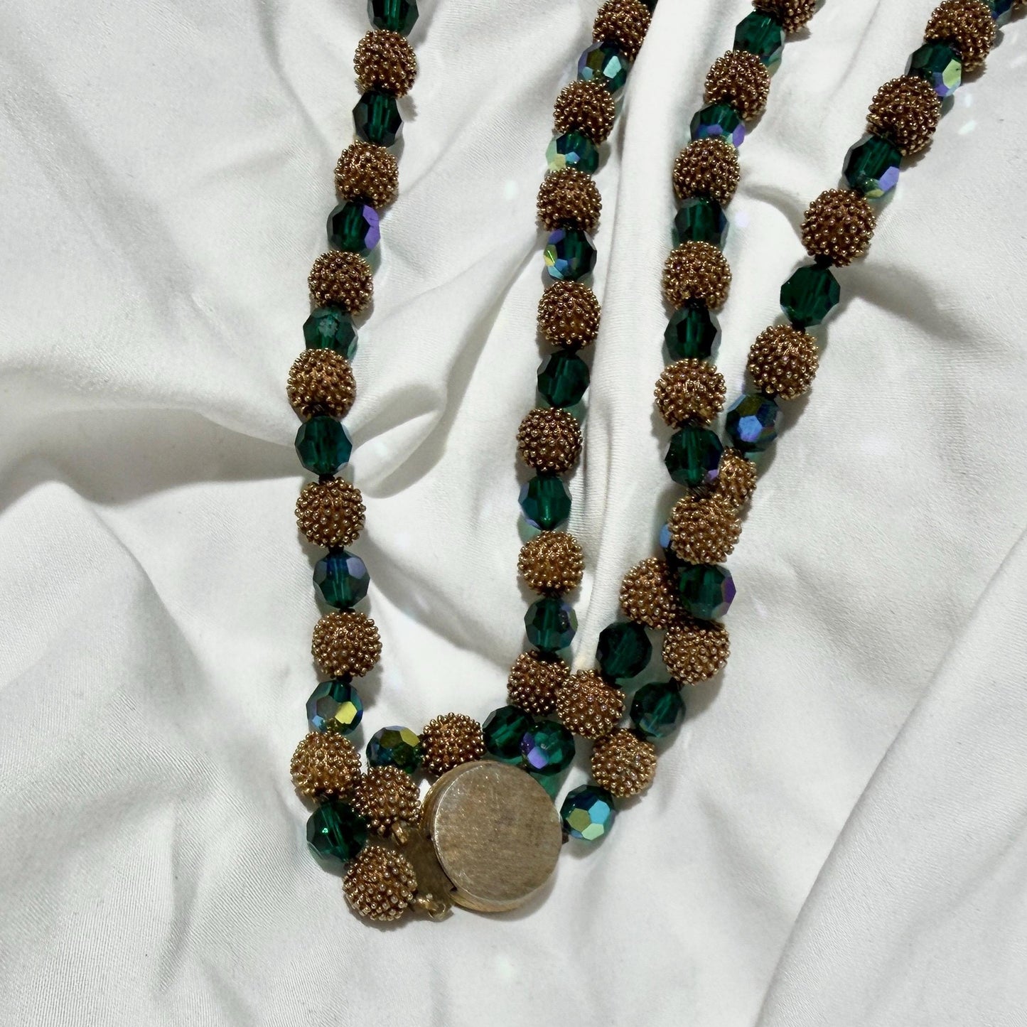 1950s vintage necklace, Faceted Iridescent Green Glass with Gold Metal Beads 2 Strand necklace