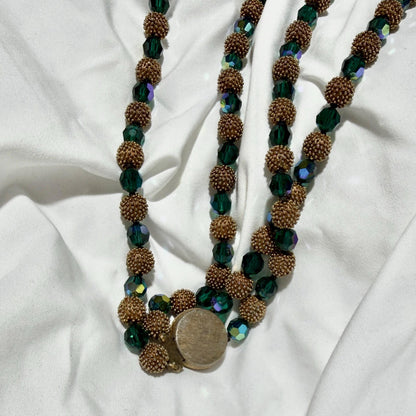 1950s vintage necklace, Faceted Iridescent Green Glass with Gold Metal Beads 2 Strand necklace