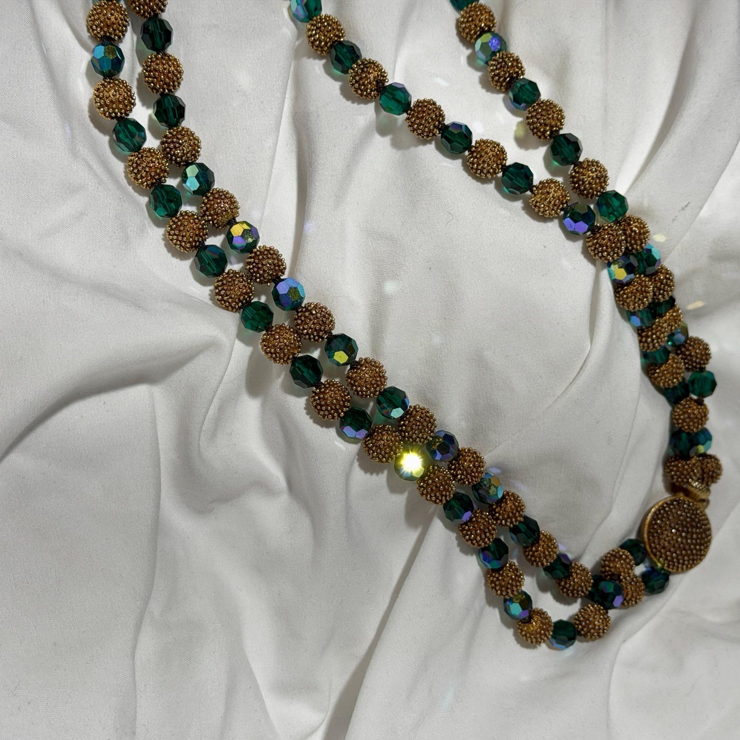 1950s vintage necklace, Faceted Iridescent Green Glass with Gold Metal Beads 2 Strand necklace