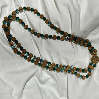 1950s vintage necklace, Faceted Iridescent Green Glass with Gold Metal Beads 2 Strand necklace