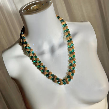 1950s vintage necklace, Faceted Iridescent Green Glass with Gold Metal Beads 2 Strand necklace