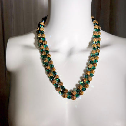 1950s vintage necklace, Faceted Iridescent Green Glass with Gold Metal Beads 2 Strand necklace