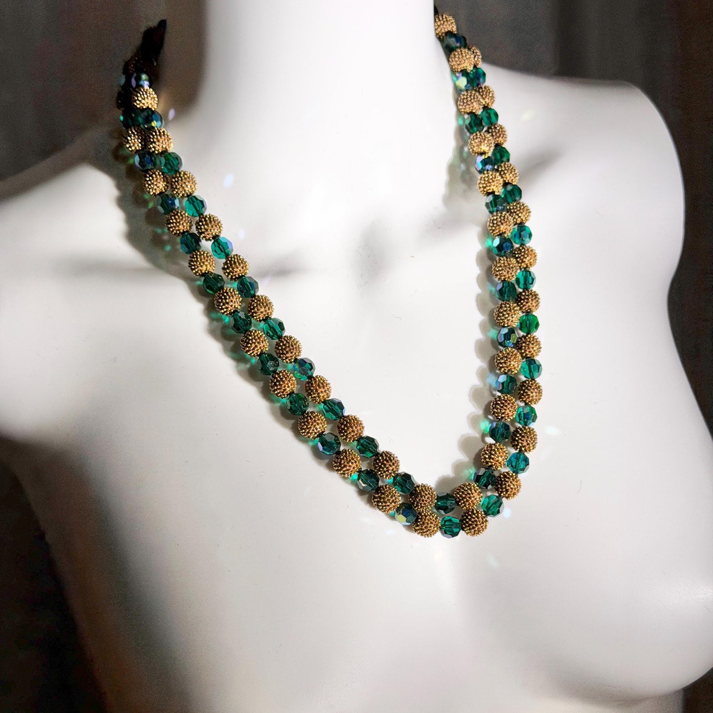 1950s vintage necklace, Faceted Iridescent Green Glass with Gold Metal Beads 2 Strand necklace