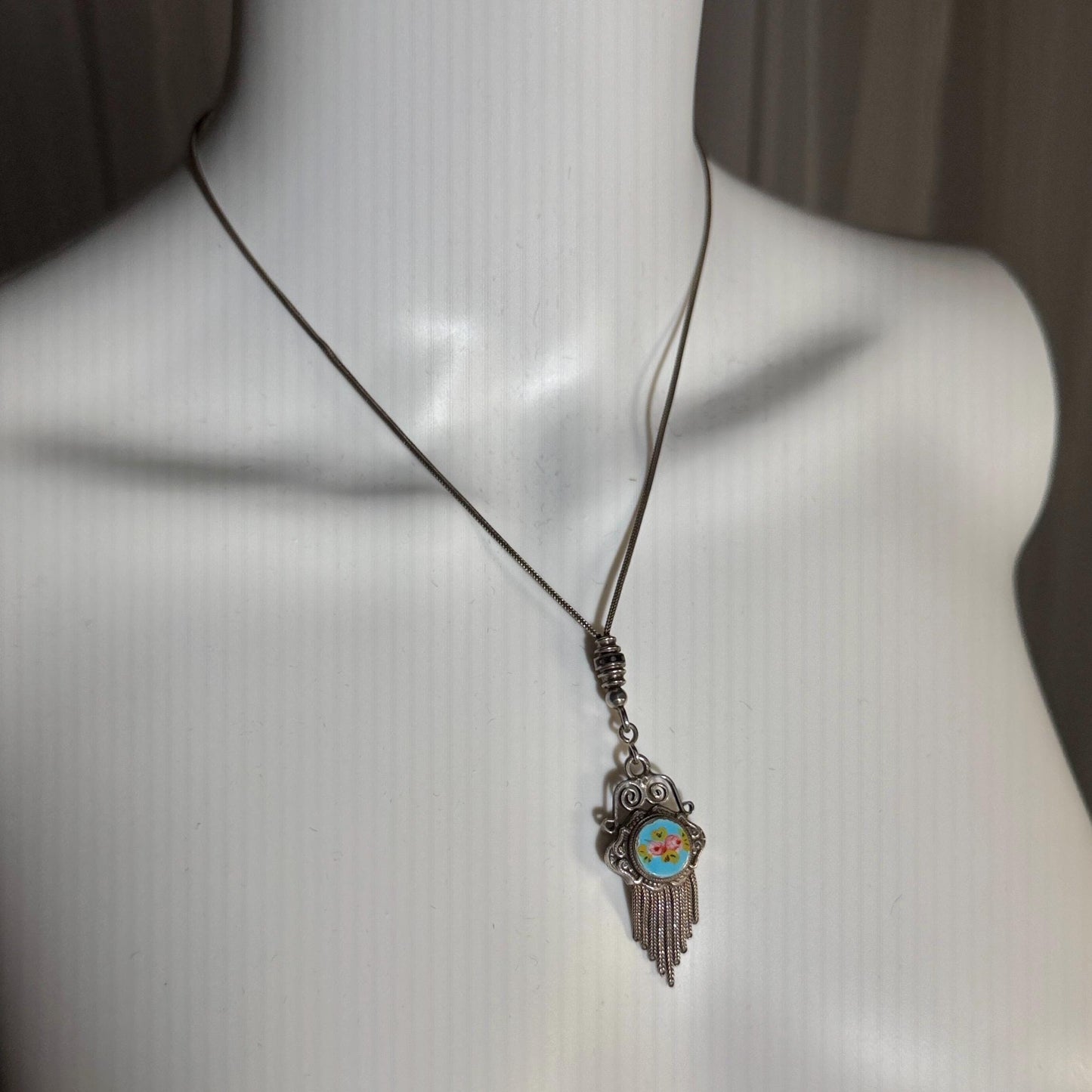 1930s Vintage Chatelaine necklace, Silver with painted roses, double sided pendant, fringe and filigree