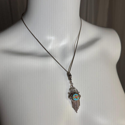 1930s Vintage Chatelaine necklace, Silver with painted roses, double sided pendant, fringe and filigree