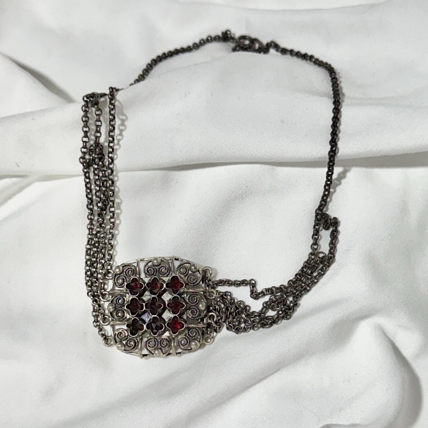 1900s Antique Vintage Bohemian Garnet Necklace, Silver Filigree Festooned Spider Web draped necklace