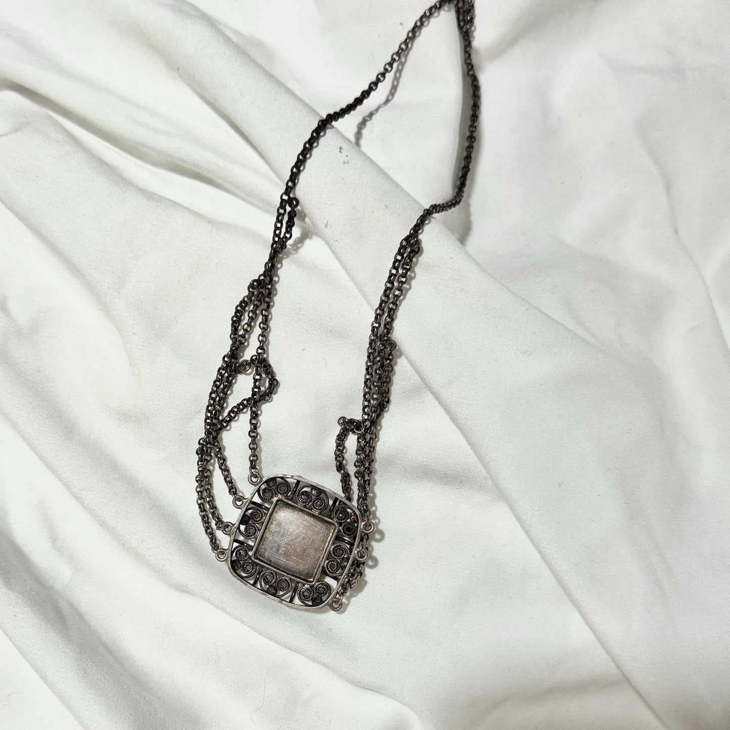 1900s Antique Vintage Bohemian Garnet Necklace, Silver Filigree Festooned Spider Web draped necklace