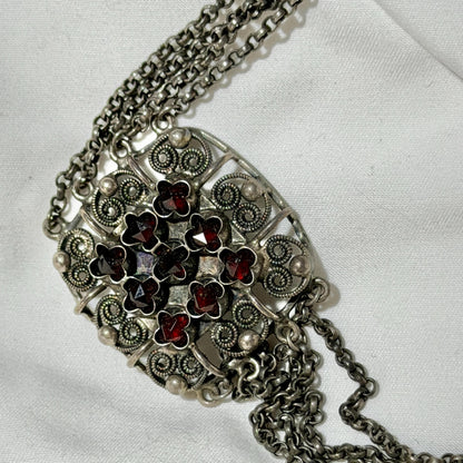1900s Antique Vintage Bohemian Garnet Necklace, Silver Filigree Festooned Spider Web draped necklace