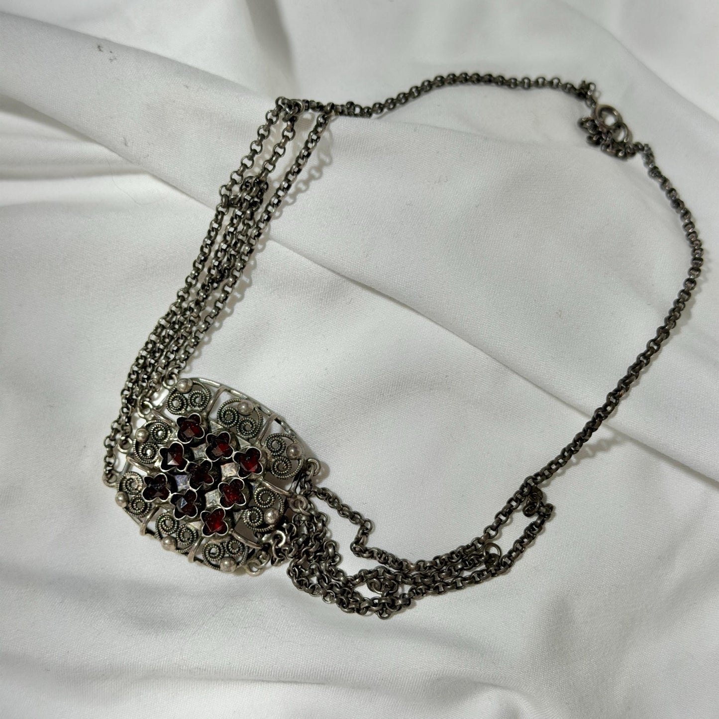 1900s Antique Vintage Bohemian Garnet Necklace, Silver Filigree Festooned Spider Web draped necklace
