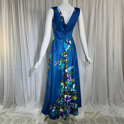 1960s vintage Hawaiian Cotton Dress. Blue Purple Hibiscus luau maxi dress