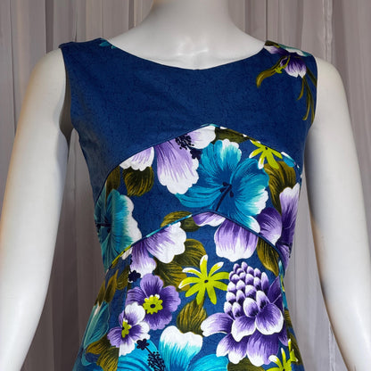 1960s vintage Hawaiian Cotton Dress. Blue Purple Hibiscus luau maxi dress