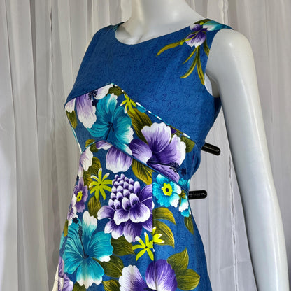 1960s vintage Hawaiian Cotton Dress. Blue Purple Hibiscus luau maxi dress