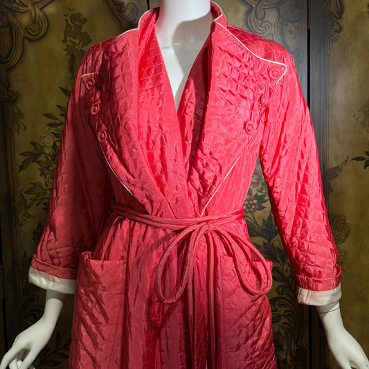 TEXTRON Vintage Dressing Gown Robe, 1940s Coral Quilted Satin Housecoat