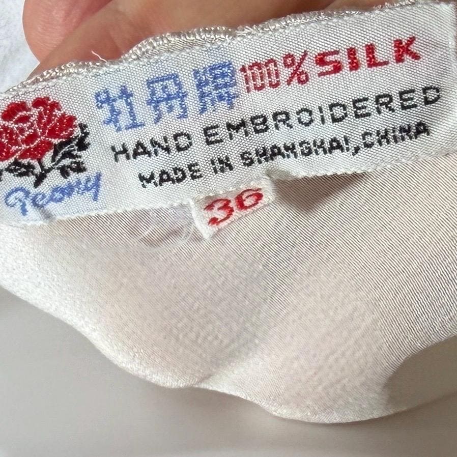 PEONY vintage 1950s Silk Slip Dress, SHANGHAI Embroidered Off White Ecru Lingerie dress