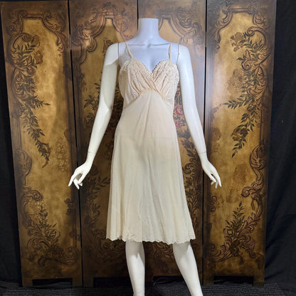PEONY vintage 1950s Silk Slip Dress, SHANGHAI Embroidered Off White Ecru Lingerie dress