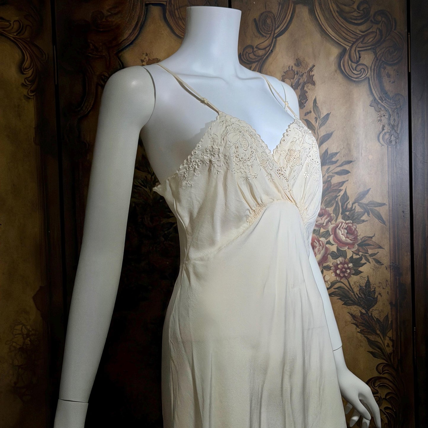 PEONY vintage 1950s Silk Slip Dress, SHANGHAI Embroidered Off White Ecru Lingerie dress