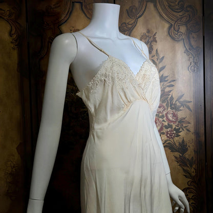 PEONY vintage 1950s Silk Slip Dress, SHANGHAI Embroidered Off White Ecru Lingerie dress