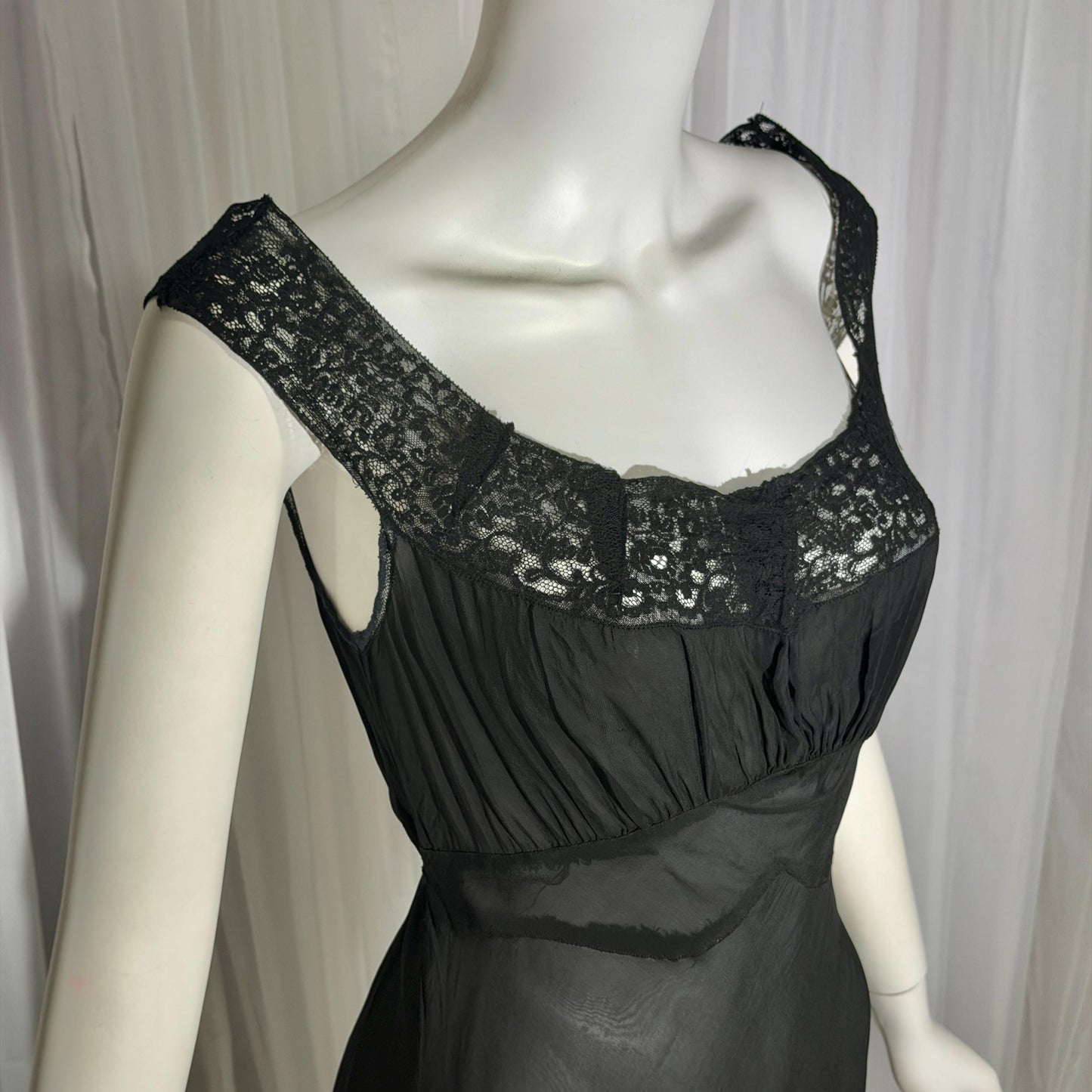WONDER MAID vintage 1930s nightgown slip dress, sheer black maxi lingerie dress