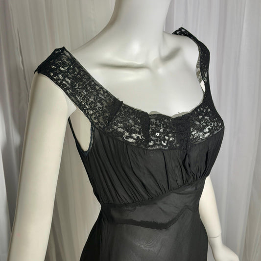 WONDER MAID vintage 1930s nightgown slip dress, sheer black maxi lingerie dress
