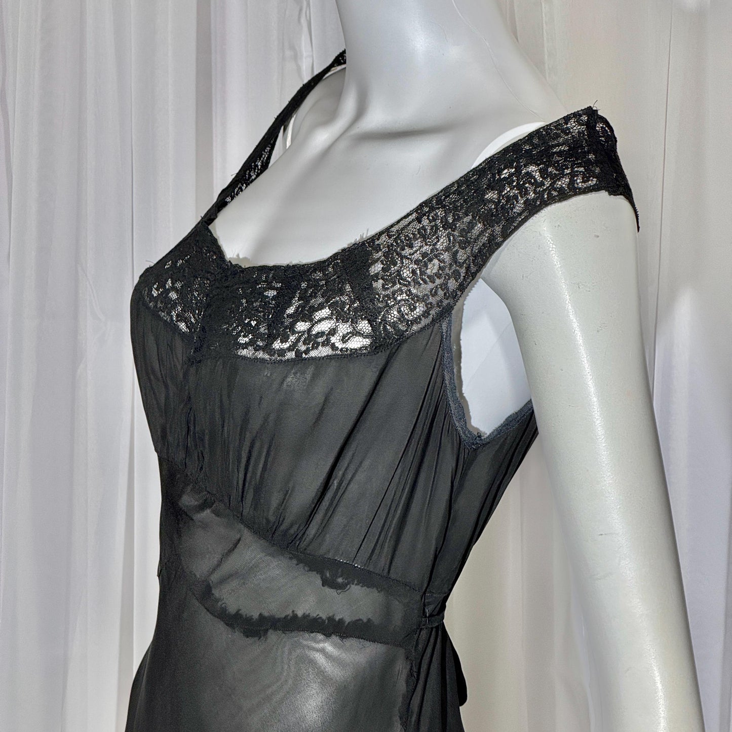 WONDER MAID vintage 1930s nightgown slip dress, sheer black maxi lingerie dress