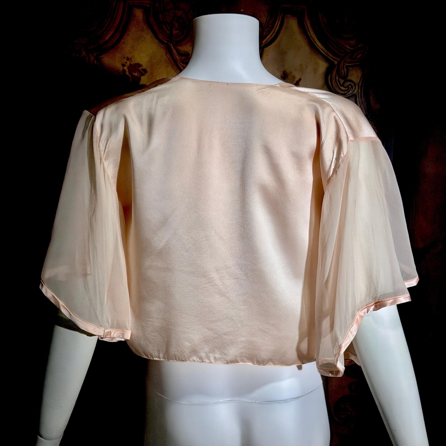 1980s vintage Silk bed jacket, Shiny peachy pink satin and chiffon evening jacket