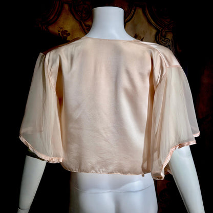 1980s vintage Silk bed jacket, Shiny peachy pink satin and chiffon evening jacket