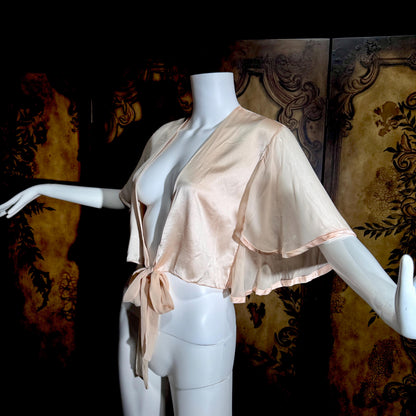 1980s vintage Silk bed jacket, Shiny peachy pink satin and chiffon evening jacket