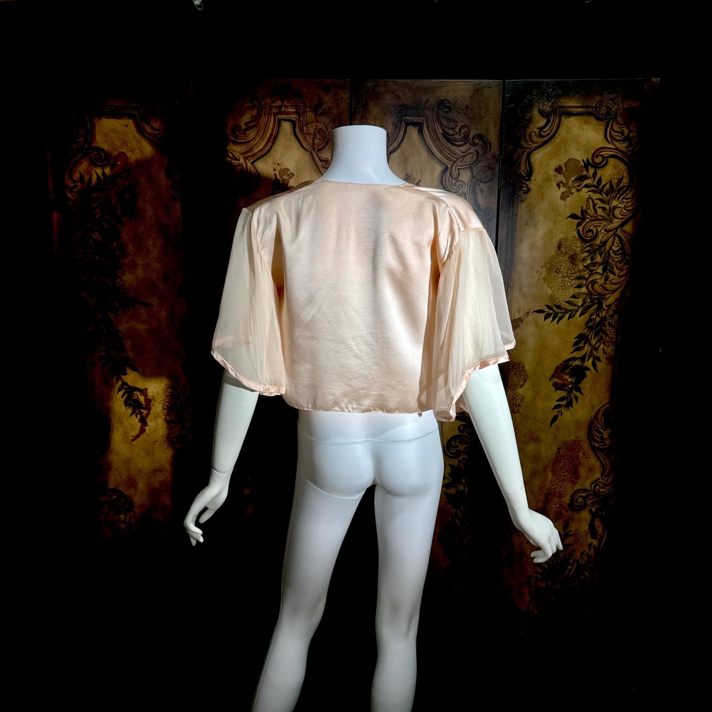 1980s vintage Silk bed jacket, Shiny peachy pink satin and chiffon evening jacket