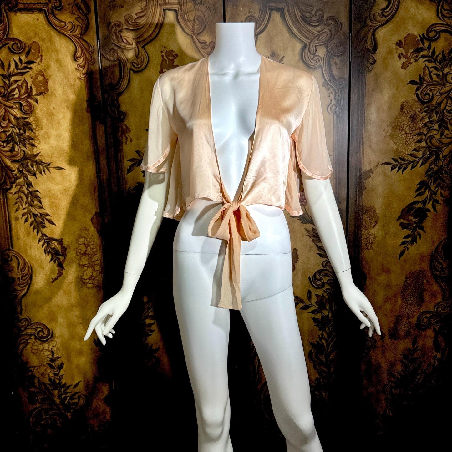 1980s vintage Silk bed jacket, Shiny peachy pink satin and chiffon evening jacket