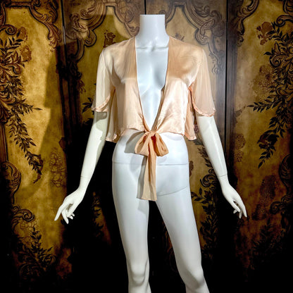 1980s vintage Silk bed jacket, Shiny peachy pink satin and chiffon evening jacket