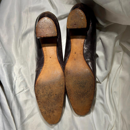 1800s Victorian Evening Slippers Shoes, J & Co JOHNSTON antique brown kidskin leather steel cut beads