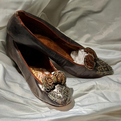 1800s Victorian Evening Slippers Shoes, J & Co JOHNSTON antique brown kidskin leather steel cut beads