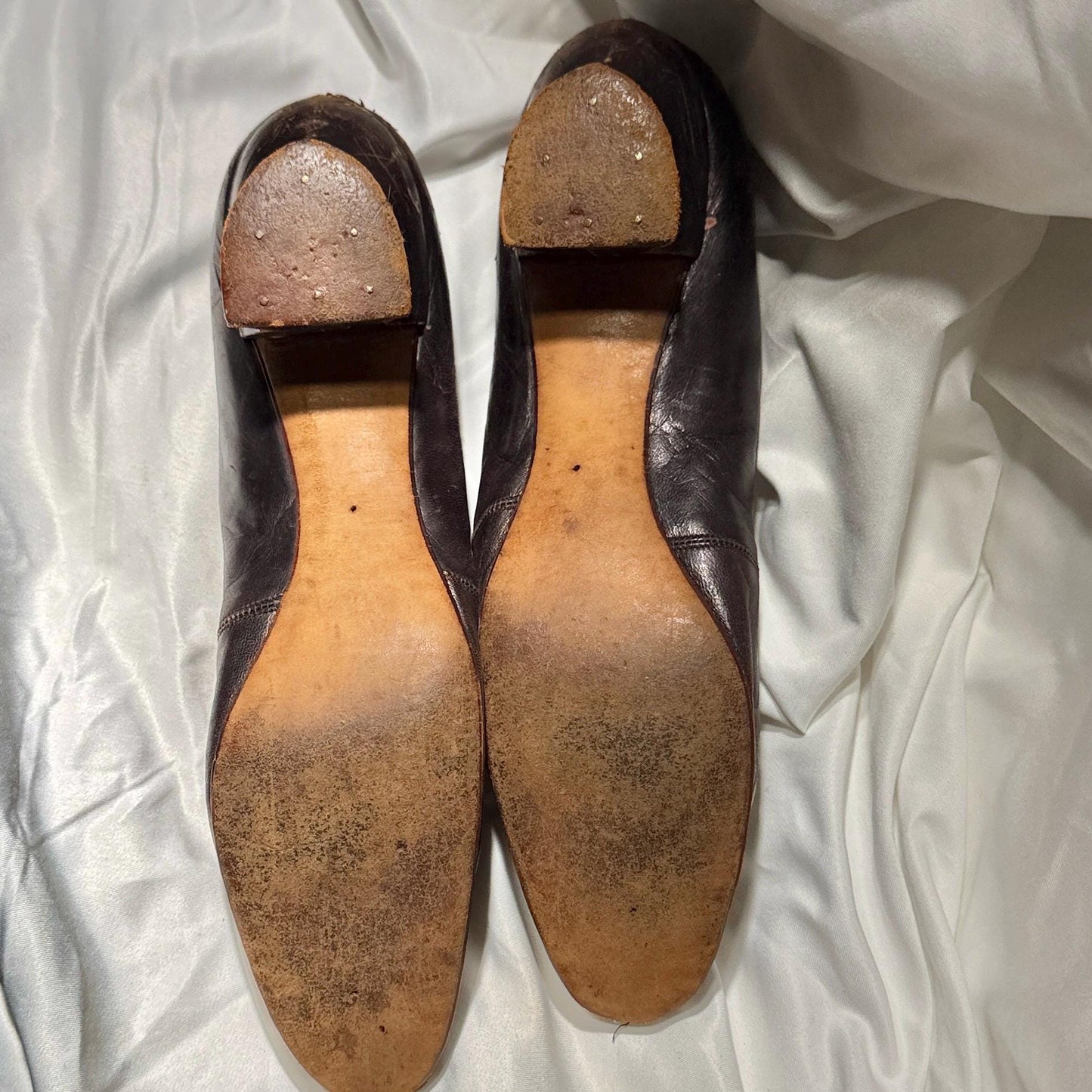 1800s Victorian Evening Slippers Shoes, J & Co JOHNSTON antique brown kidskin leather steel cut beads