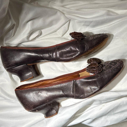 1800s Victorian Evening Slippers Shoes, J & Co JOHNSTON antique brown kidskin leather steel cut beads