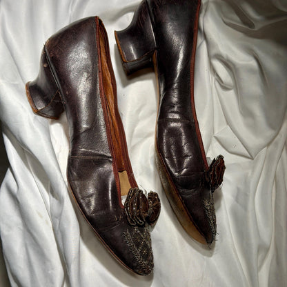 1800s Victorian Evening Slippers Shoes, J & Co JOHNSTON antique brown kidskin leather steel cut beads